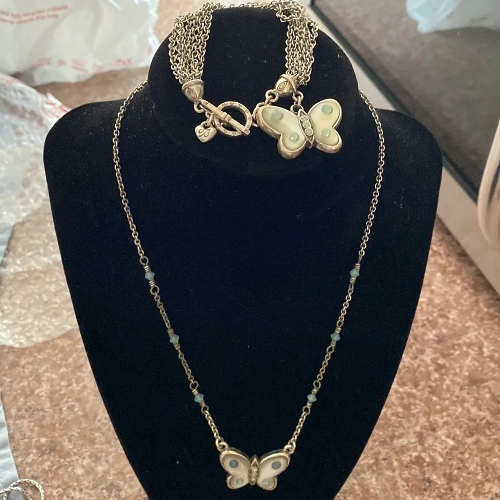 BRIGHTON vintage‎ multi strand silver and blue stone butterfly pendant bracelet